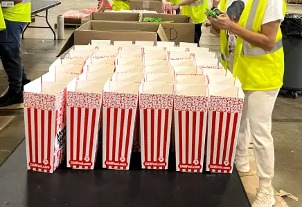 Workers packing Cards Against Humanity popcorn packs