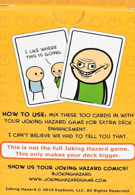 Back of the card game Joking Hazard box
